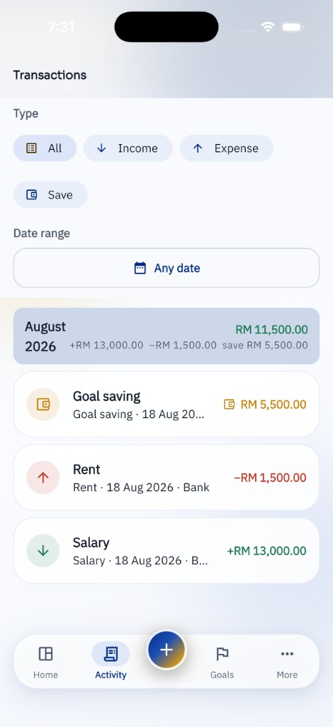 KiraKira transactions list with income, expenses and savings