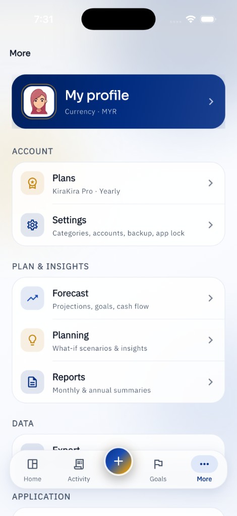 KiraKira More screen with profile, plans, settings and insights